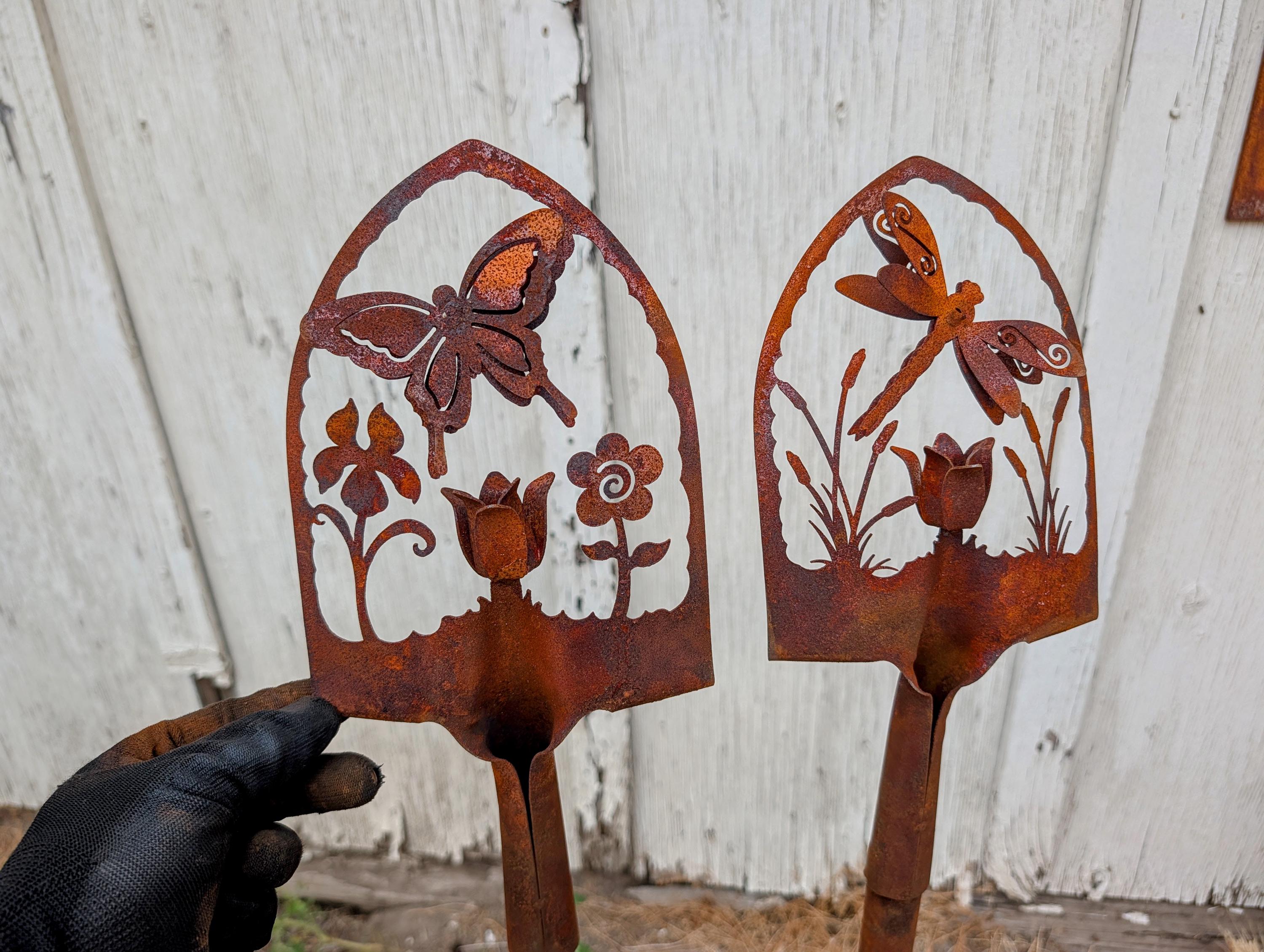 Rustic Butterfly & Dragonfly Garden Shovel Stakes, Set of 2 Metal Garden Stakes, Farmhouse Yard Art, Cottage Garden Decor