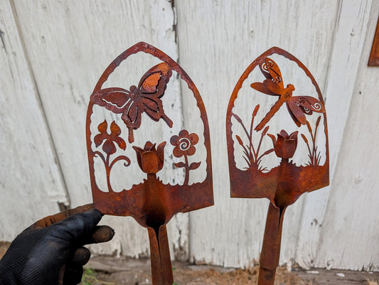 Rustic Butterfly & Dragonfly Garden Shovel Stakes – Set of 2 Metal Garden Stakes