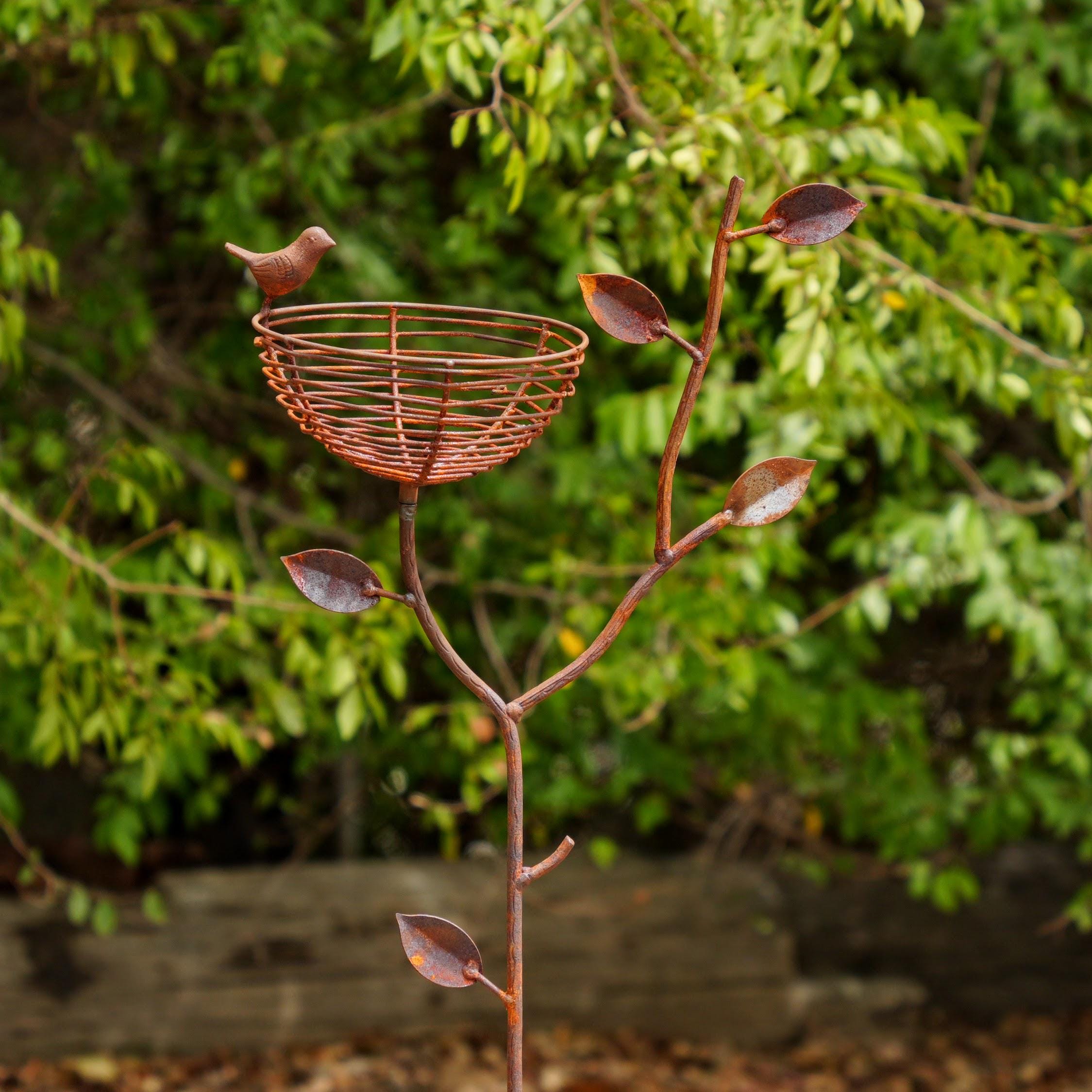 Rustic Metal Bird Nest Garden Stake with Perched Bird, Handmade Garden Art, Outdoor Yard Decor, Farmhouse Flower Bed Accent