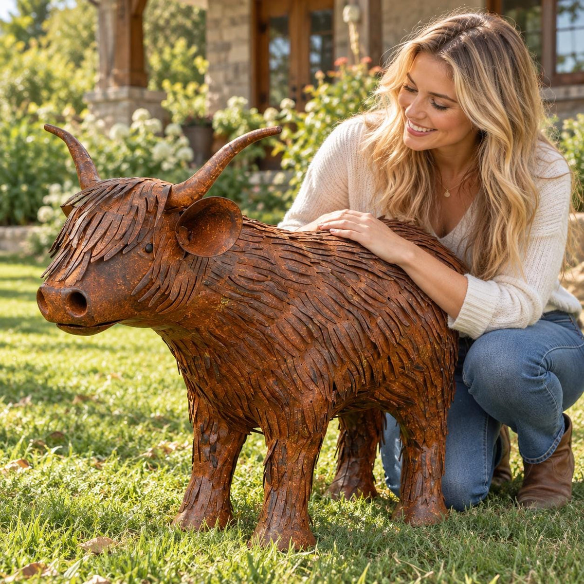 Handcrafted Metal Highland Cow Sculpture, Rustic Outdoor Garden & Farmhouse Decor, Unique Gift for Cow Lovers