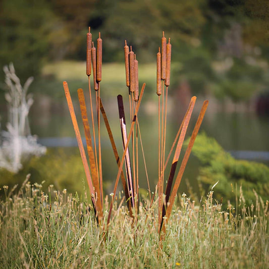 Rustic Metal Cattail & Bulrush Garden Stake, Reed Grass Sculpture, Outdoor Yard Decor, Gardener Gift