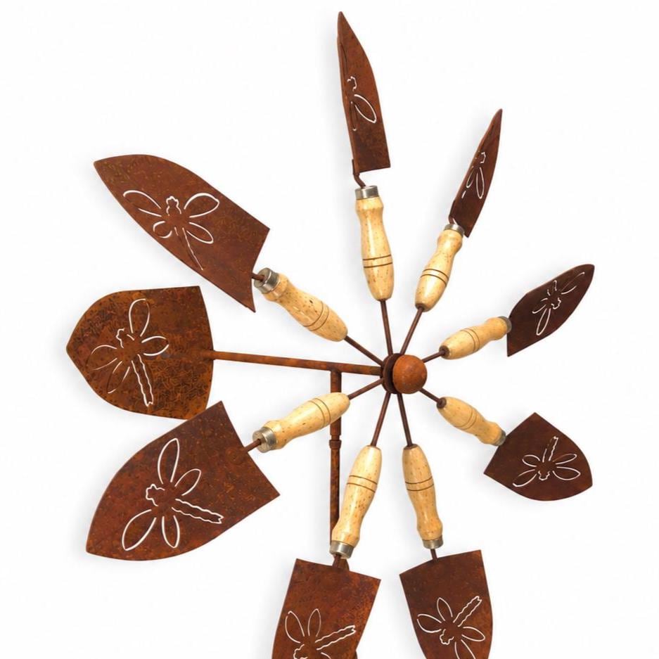 Rustic Dragonfly Shovel Wind Spinner, Metal Garden Windmill, Gardener Gift, Outdoor Yard Decor