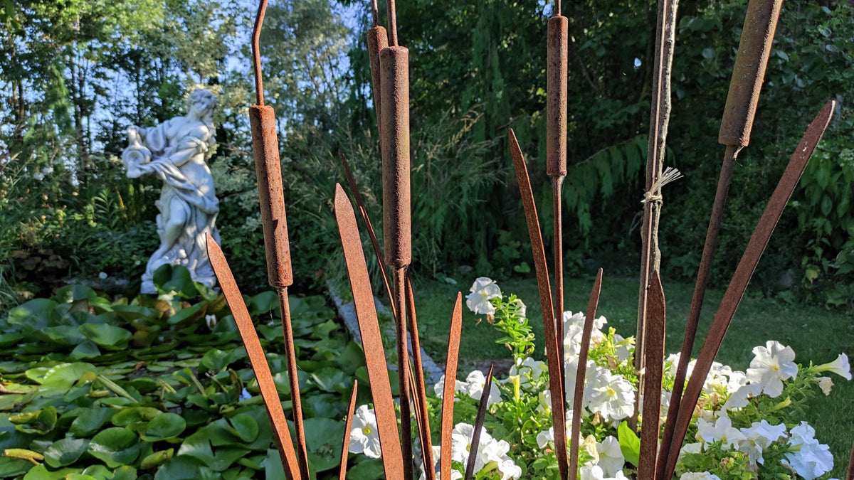 Rustic Metal Cattail & Bulrush Garden Stake, Reed Grass Sculpture, Outdoor Yard Decor, Gardener Gift