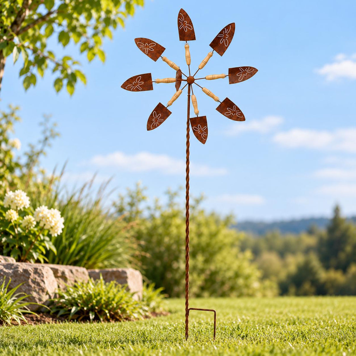 Rustic Dragonfly Shovel Wind Spinner, Metal Garden Windmill, Gardener Gift, Outdoor Yard Decor