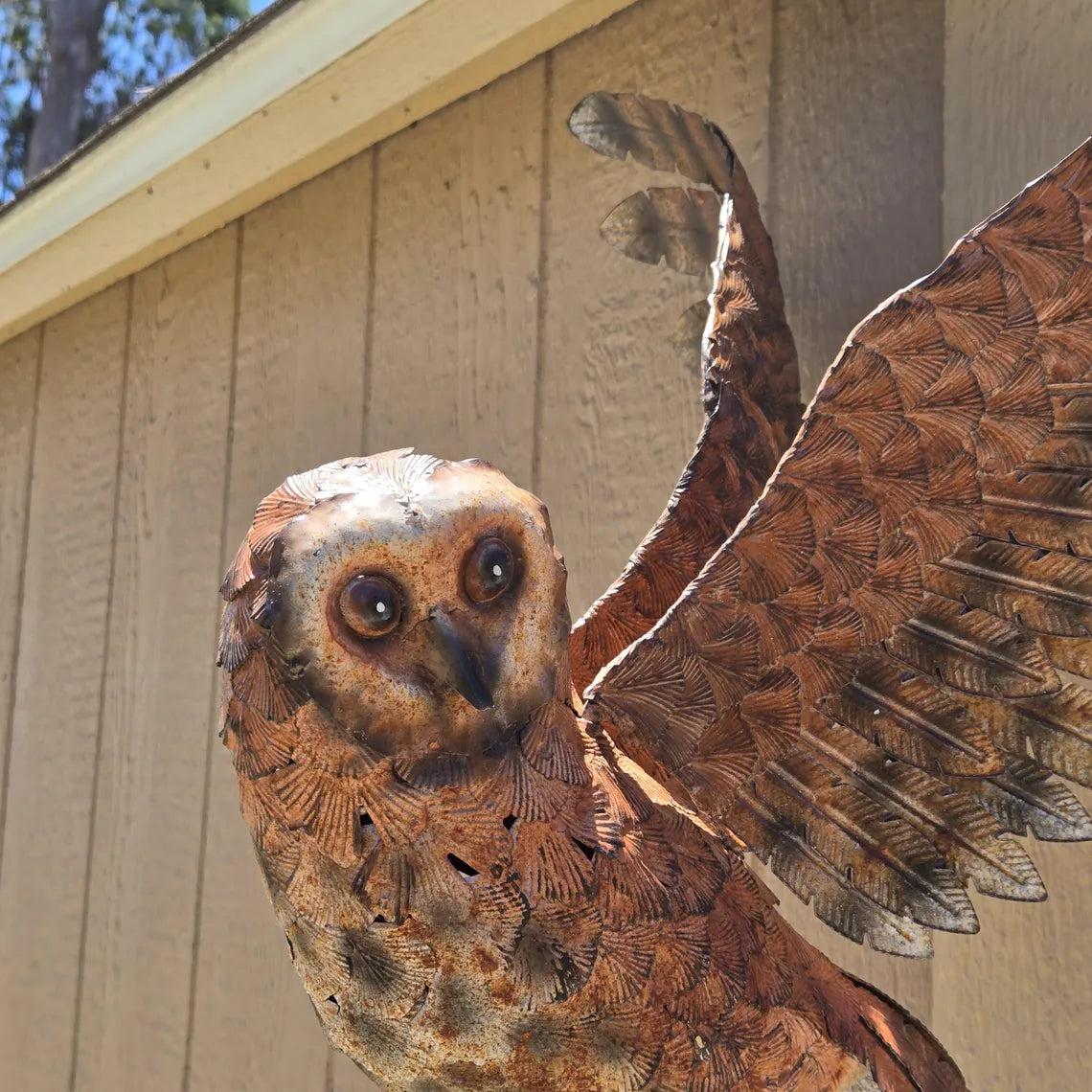 Handcrafted Metal Owl Wall Sculpture: Painted Garden Bird Decor (21"x18")