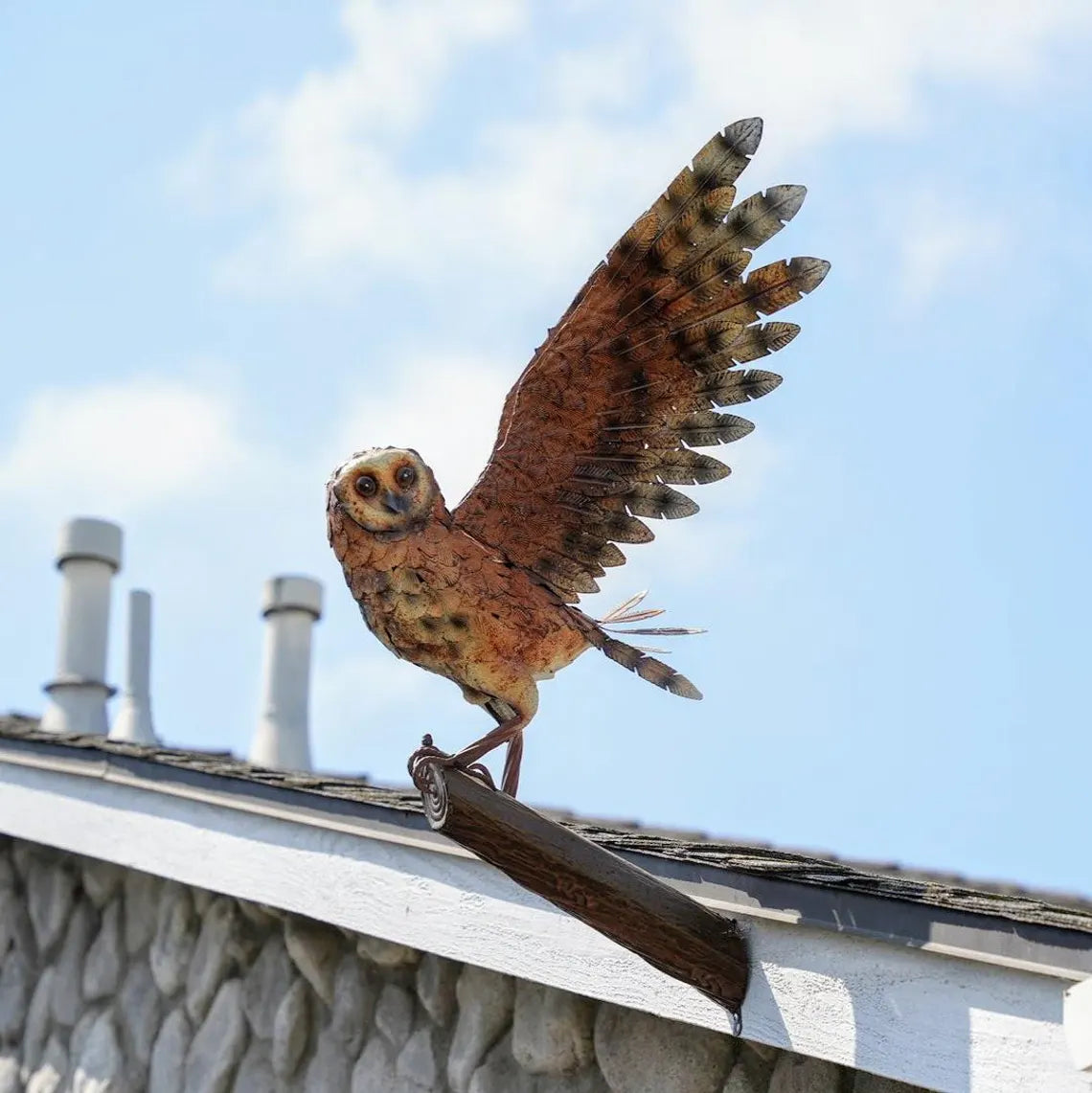 Handcrafted Metal Owl Wall Sculpture: Painted Garden Bird Decor (21"x18")