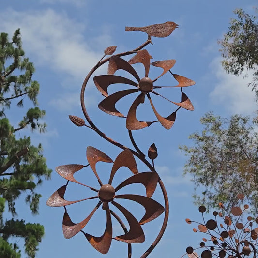 Rustic Metal Bird & Flower Wind Spinner