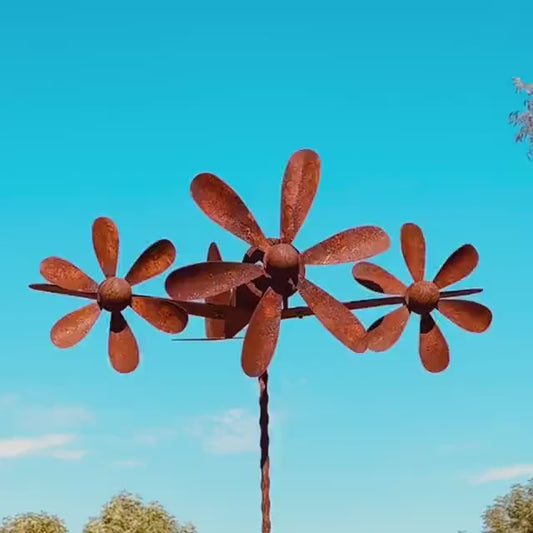 Handmade Rusty Iron Wind Spinner – Vintage Metal Flower Garden Art ()