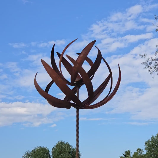 Handmade 87" Rusty Iron Lotus Wind Spinner - Weathered Garden Art