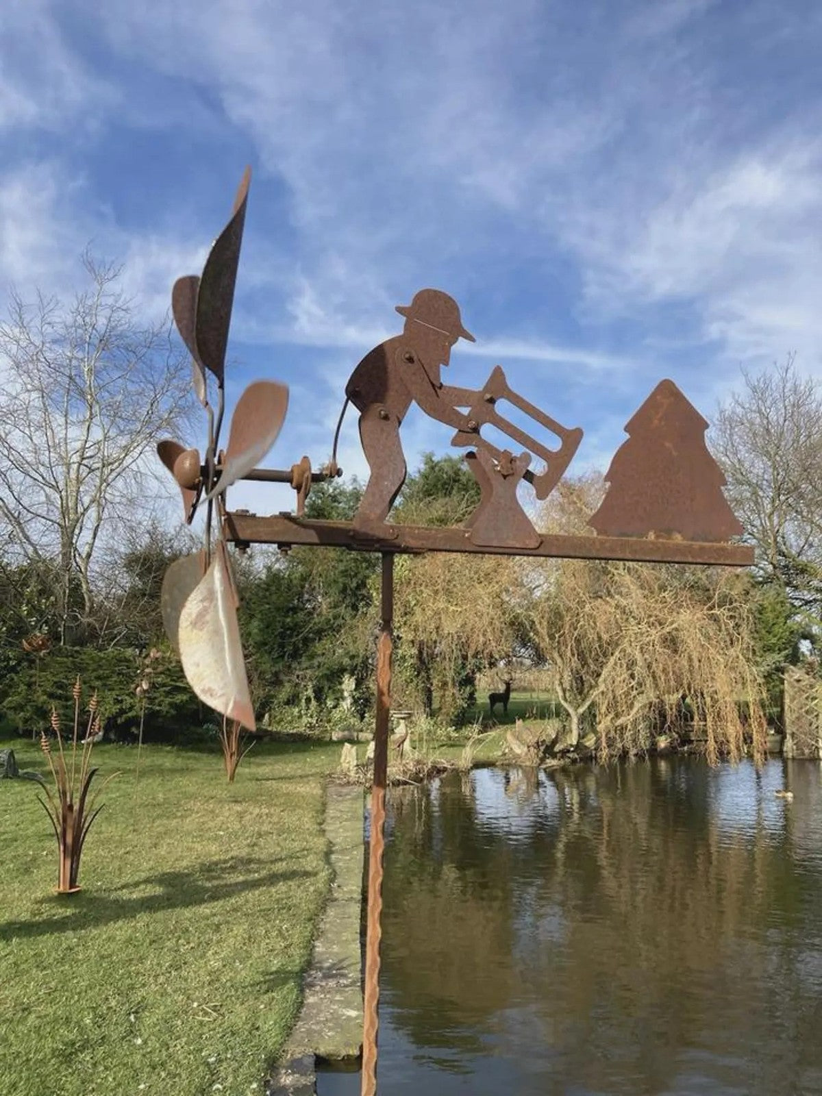 Rusty Lumberjack Wind Spinner — Kinetic Wind-Powered Metal Garden Sculpture