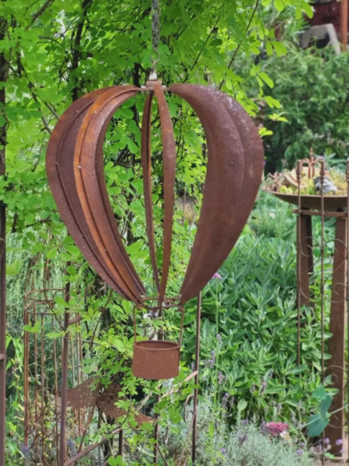 Rusty Metal Hot Air Balloon Wind Spinner: Hanging Garden Sculpture