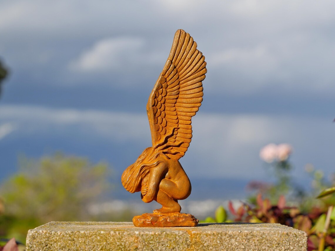 Cast Iron Redemption Angel Statue - Handcrafted Rustic Metal Mythical Sculpture