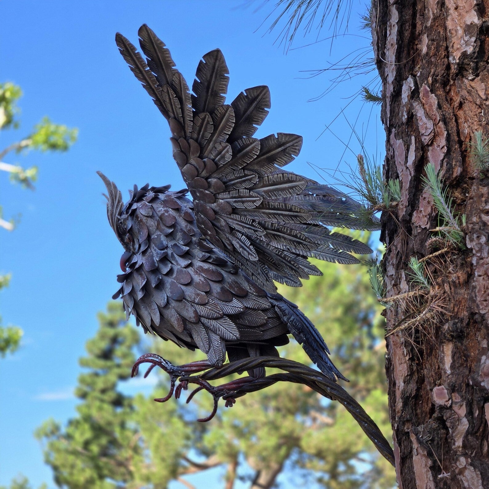 Rustic Metal Owl Sculpture Handcrafted Garden Art with Outstretched Wings Yarn