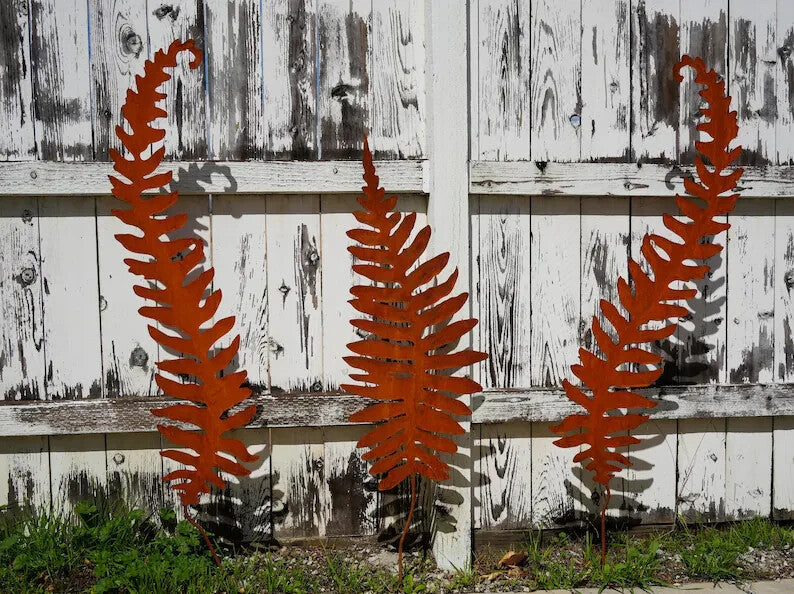 60" Corten Steel Fern Sculptures Rustic Garden Stakes Set of 3, Patina Metal Art