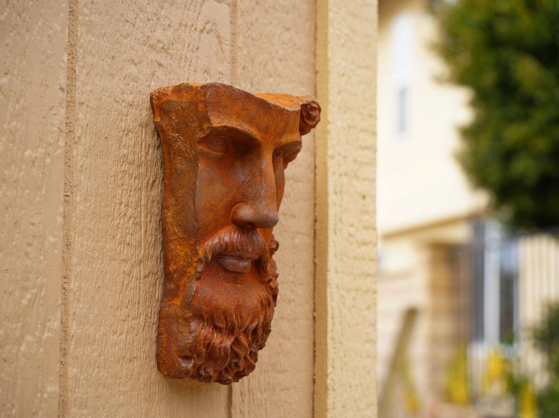 Metal Rustic Bearded Male Face Wall Sculpture Ancient Roman Cast Iron Art