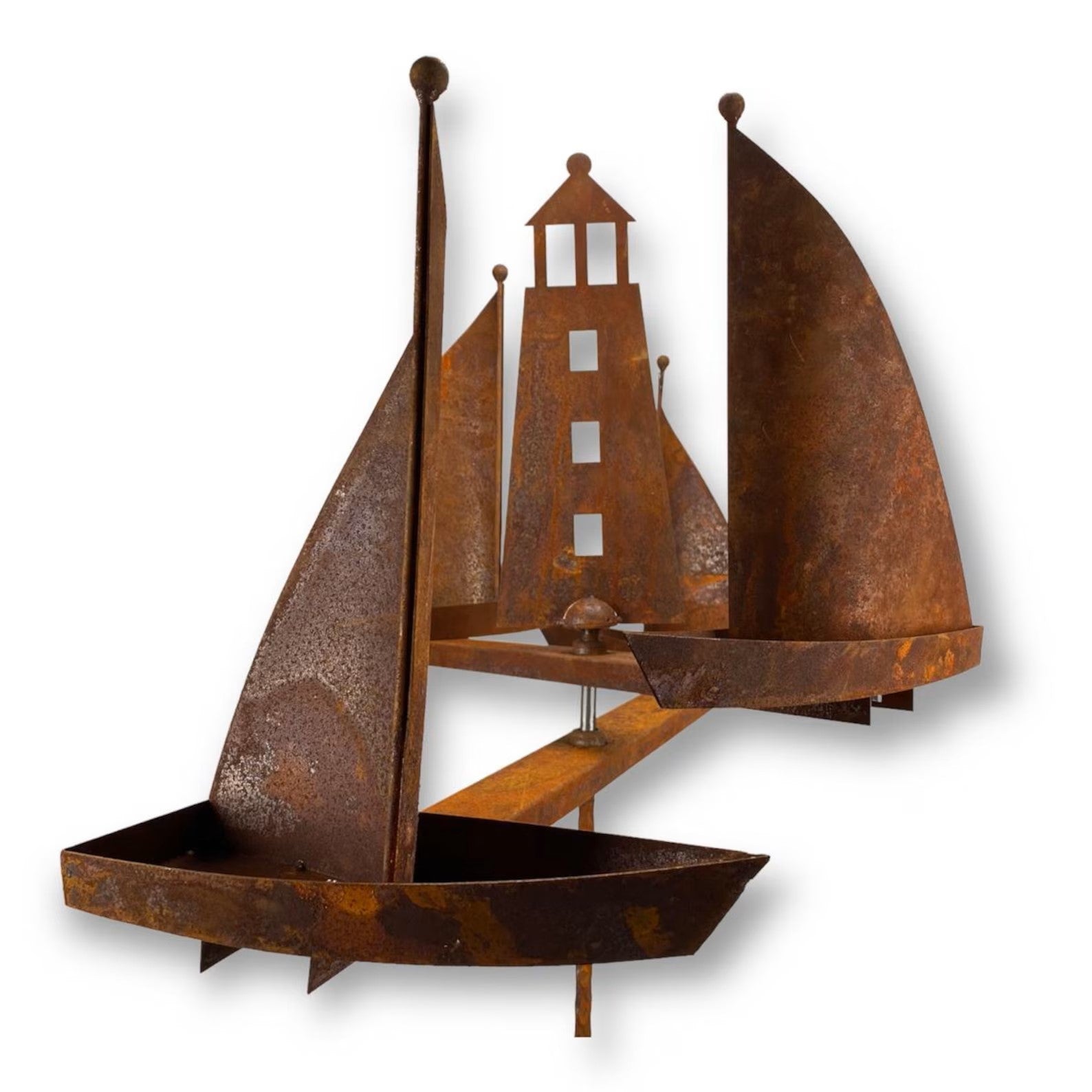 Metal Garden Rusty Large Lighthouse & Sailboats Wind Spinner – Sailboat Stake