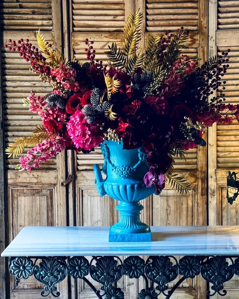 22"H Vintage Blue Cast Iron Urn Planter with Handles - Antique Style Flower Pot