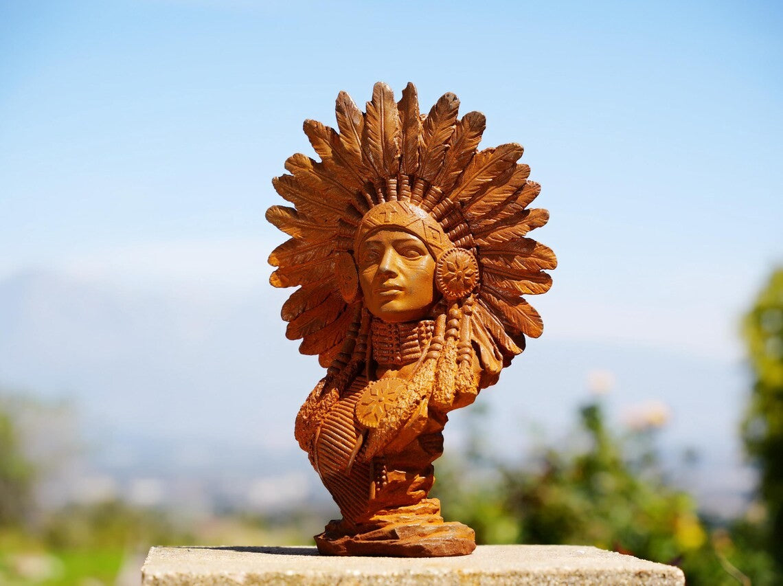 Metal Native American Bust Sculpture Cast Iron Tribal Headdress Boho Rustic