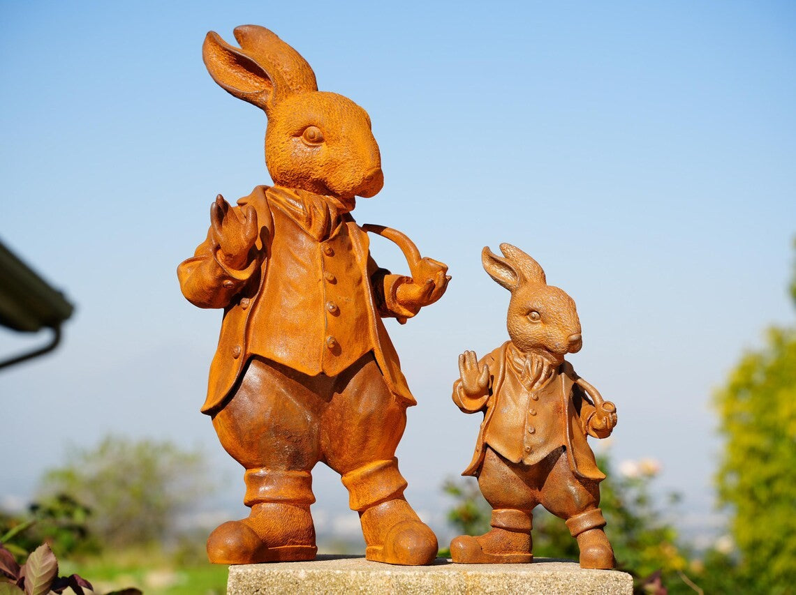 Metal Cast Iron Rabbit Statue - Rustic Bunny Garden Decor - Heavy Metal Porch