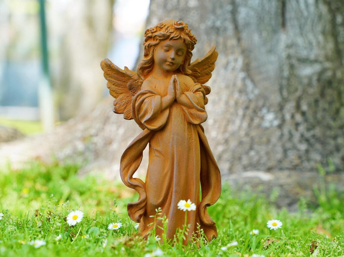 Metal Angel Praying Statue Cast Iron Garden Sculpture, Rustic Religious Decor