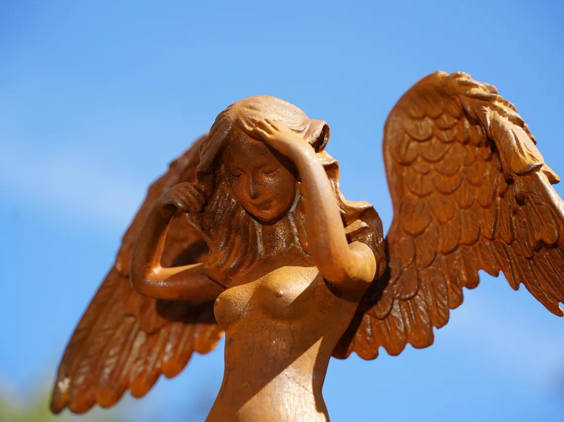 Metal Cast Iron Veiled Angel Statue - Heavy Vintage Sculpture for Garden