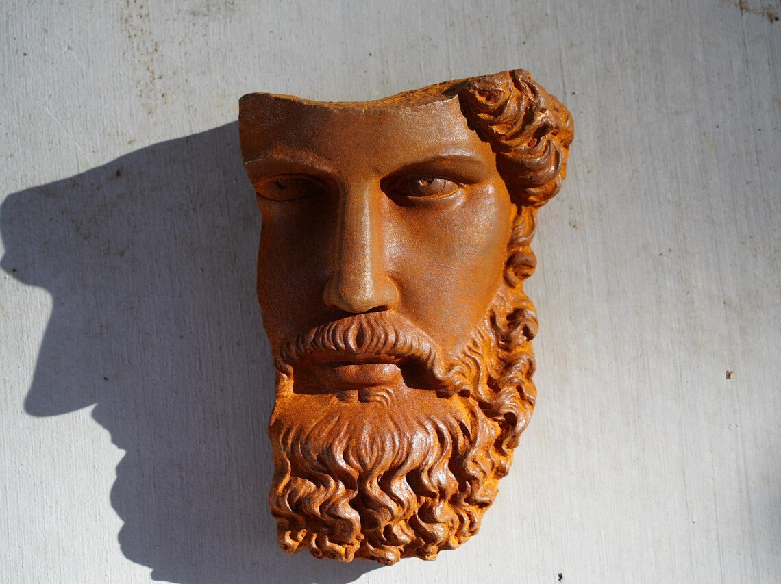 Metal Rustic Bearded Male Face Wall Sculpture Ancient Roman Cast Iron Art