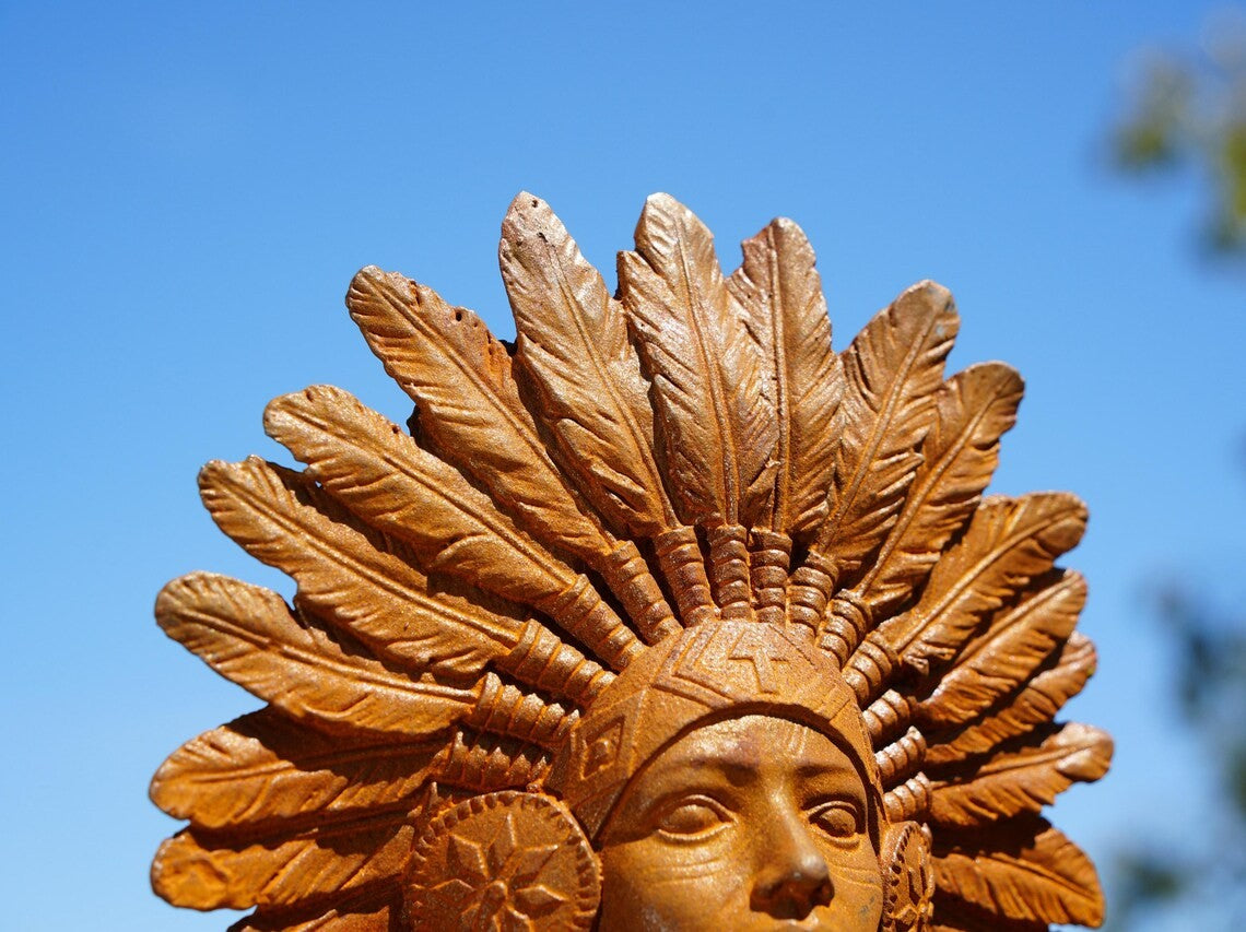 Metal Native American Bust Sculpture Cast Iron Tribal Headdress Boho Rustic