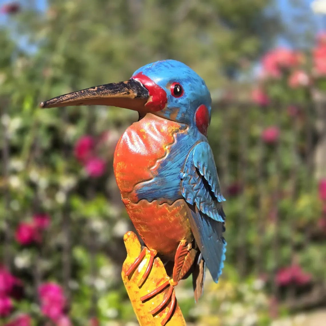 Handcrafted Metal Kingfisher Garden Sculpture 41" Tall Bird on Cattail Artist