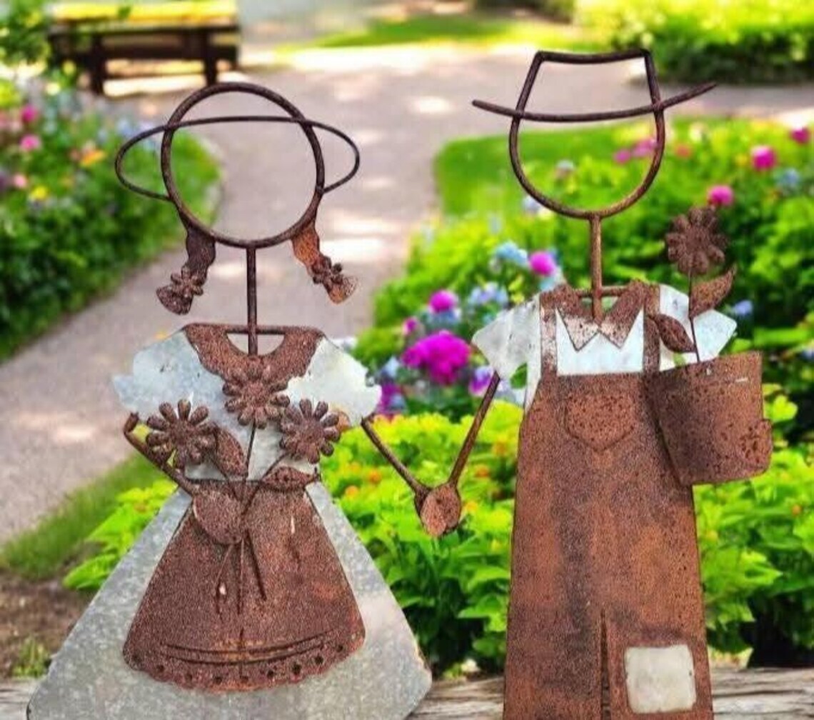39" Rustic Metal Boy and Girl Garden Statues – Handcrafted Vintage Yard Decor