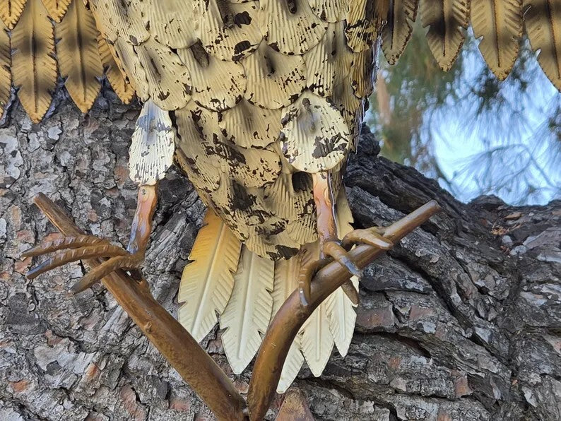 Handcrafted Metal Owl Garden Sculpture with Outstretched Wings - Rustic Yard Art