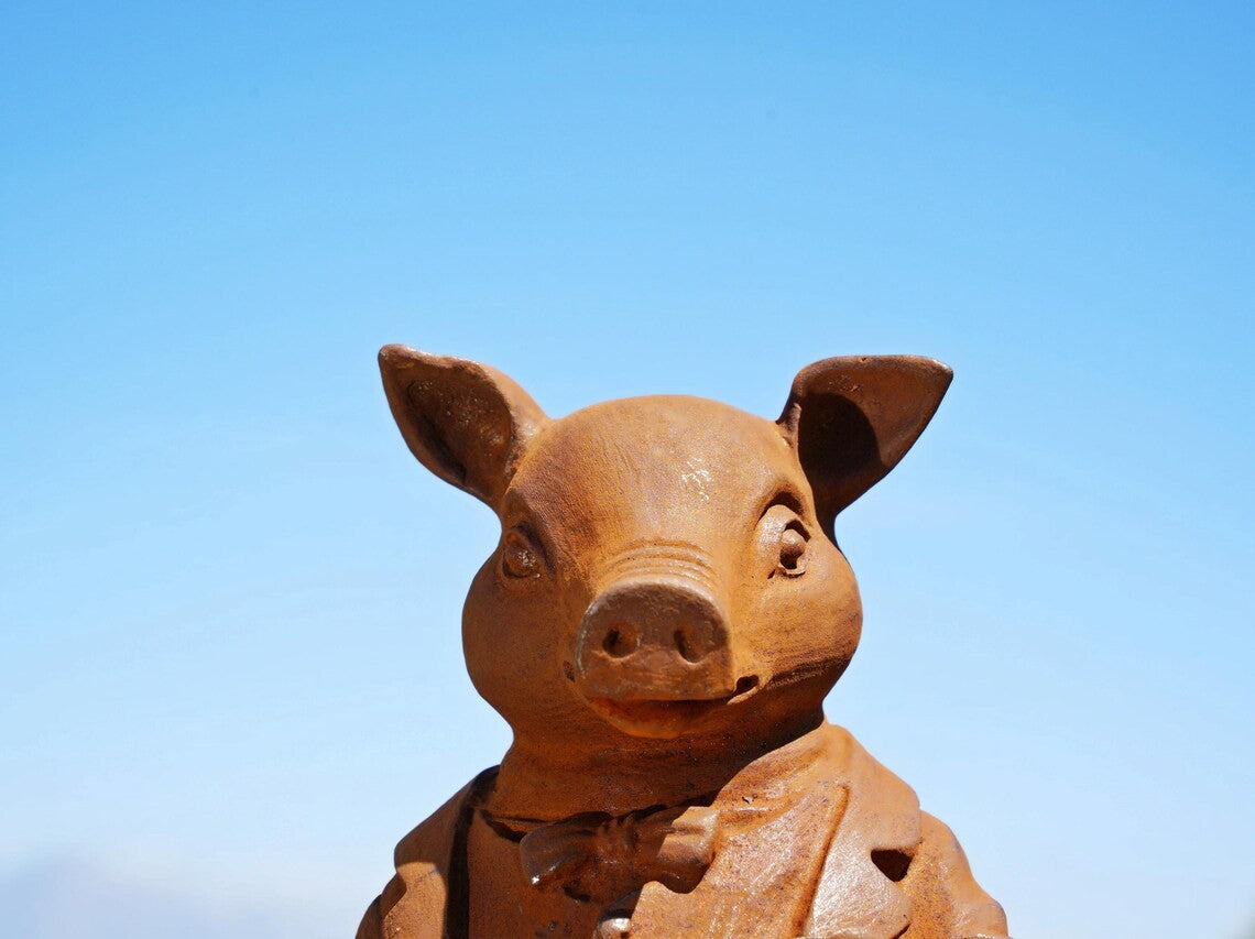 Cast Iron Pig Gentleman Statue – Dressed Animal Garden Sculpture, Whimsical Rust