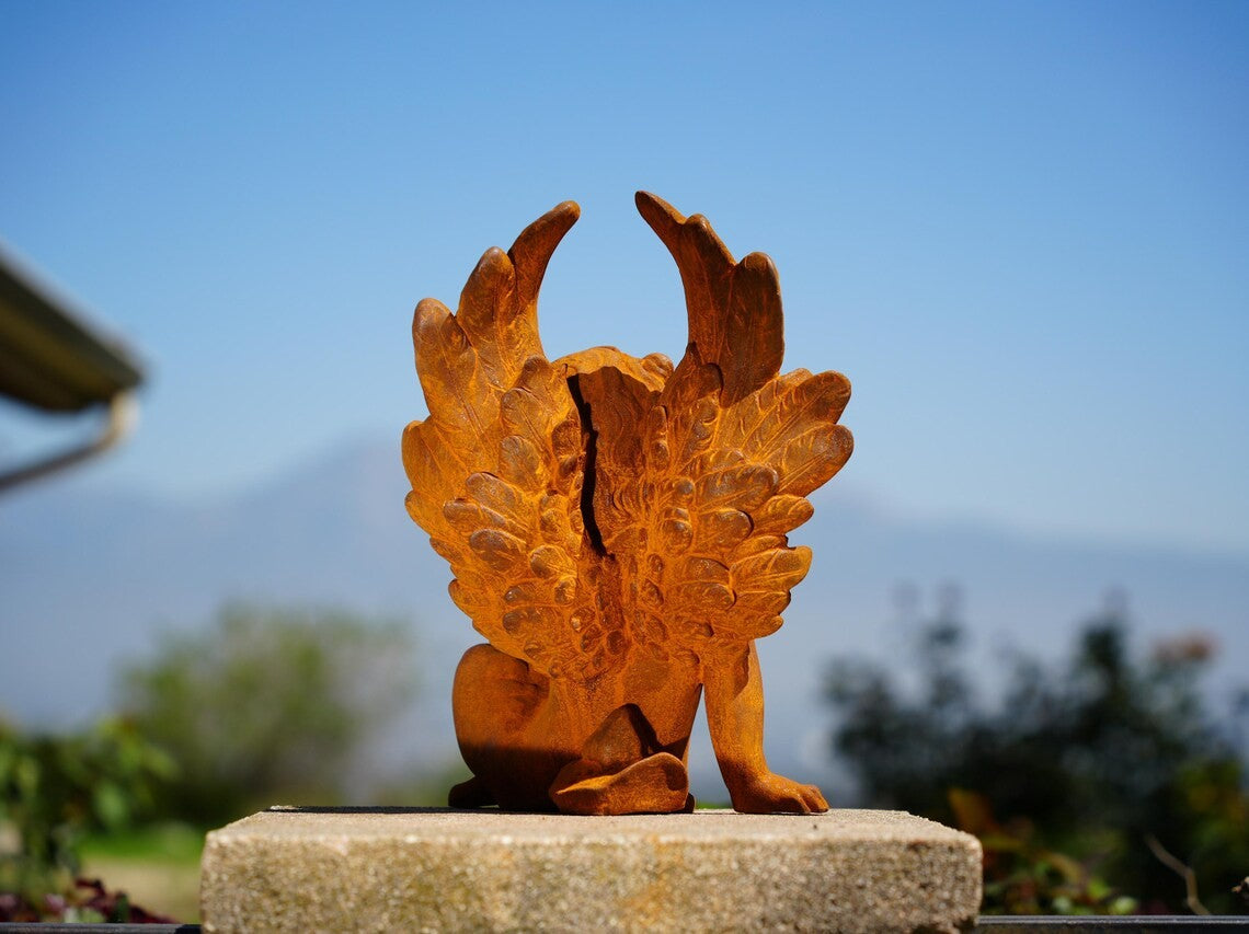 Metal Angel Statue – Rustic Cast Iron Cherub Sculpture for Garden Decor Outdoor