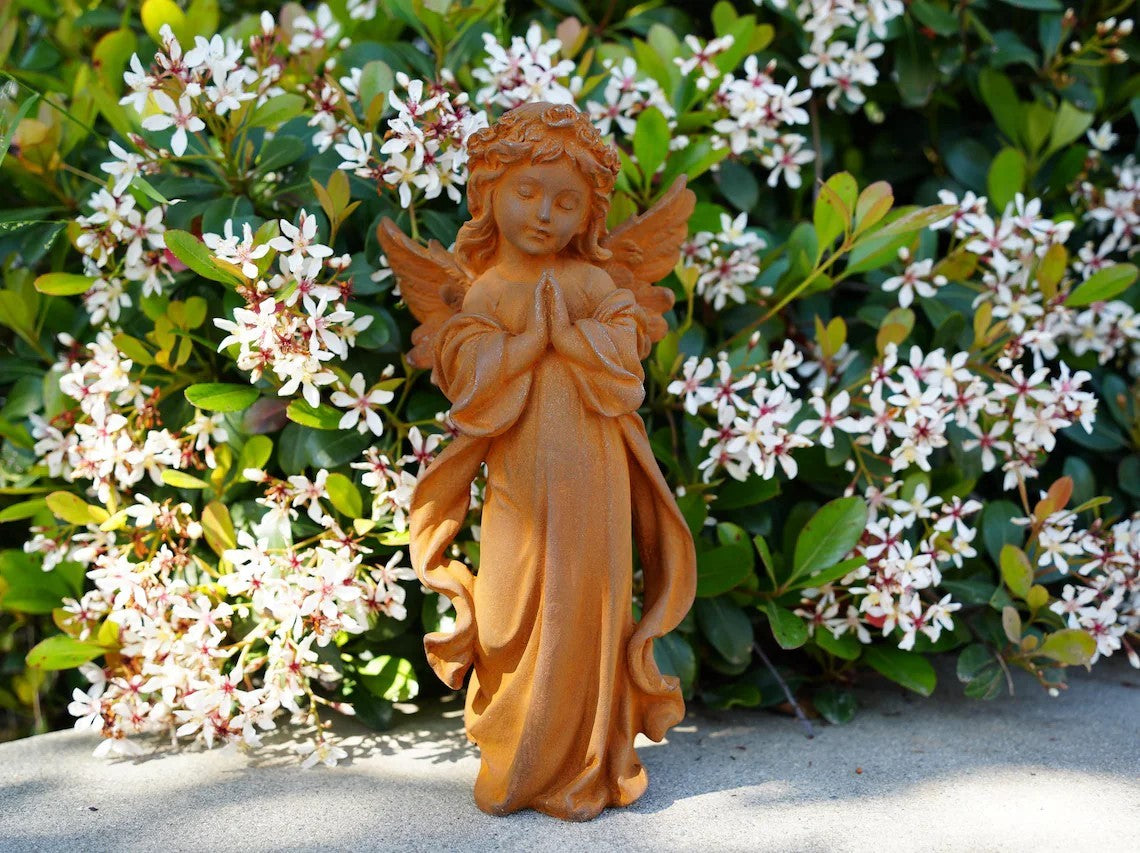 Metal Angel Praying Statue Cast Iron Garden Sculpture, Rustic Religious Decor