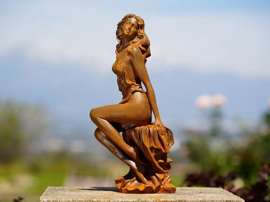Metal Sensual Cast Iron Woman Statue | Romantic Nude Female Sculpture | Feminine
