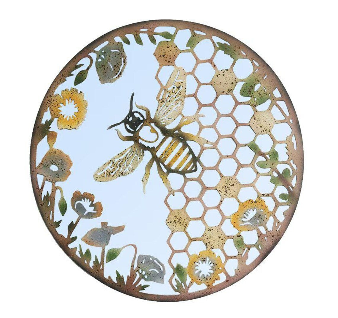 Rustic Metal Bee Wall Decor: Patina Finish, Handcrafted Iron Art Home Mirror