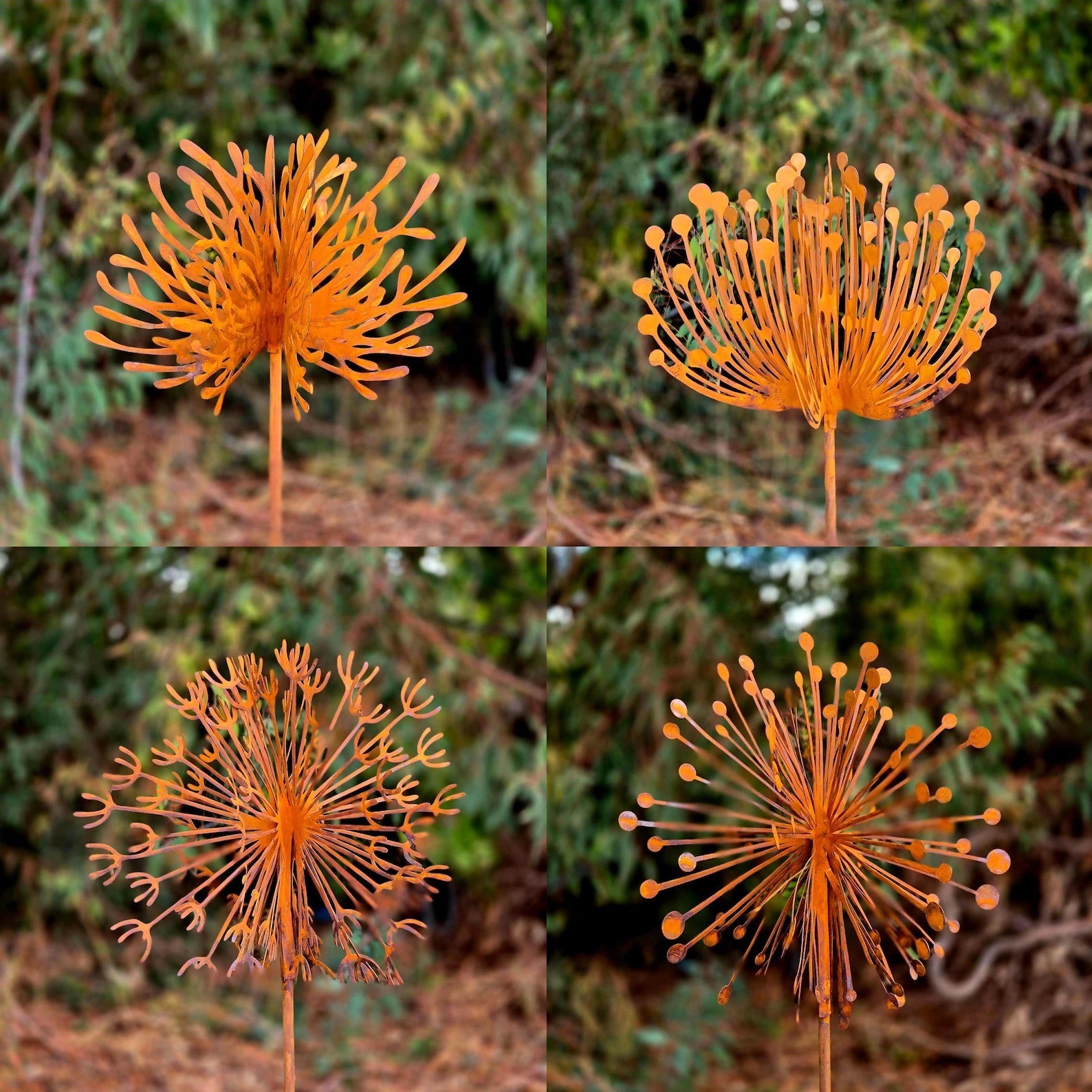 Set of 4 Rusty Metal Dandelion Garden Stake 3D Hand-Welded Design