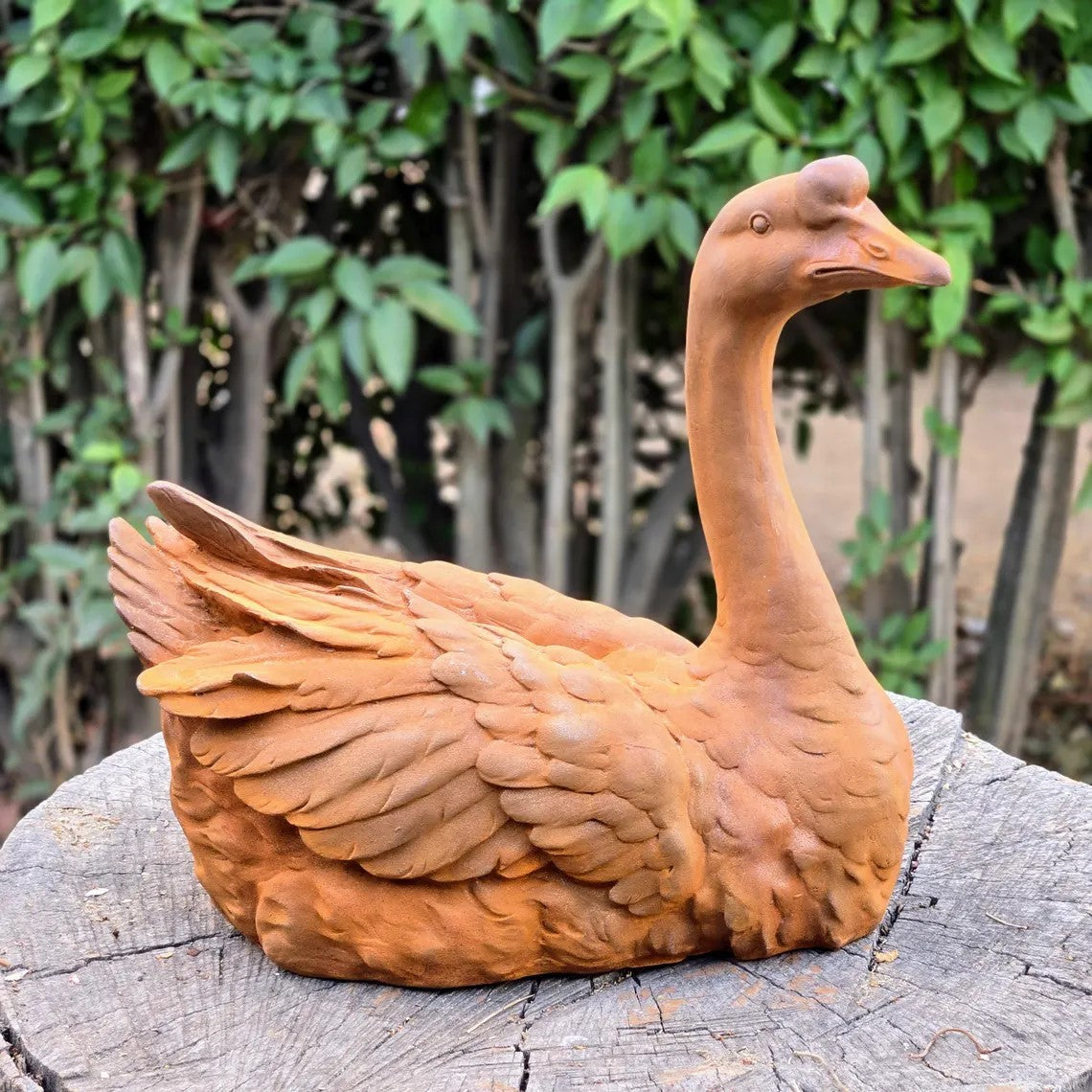 Rust Finish Cast Iron Goose Statue, Handmade Garden Swan Decor, Outdoor Patio