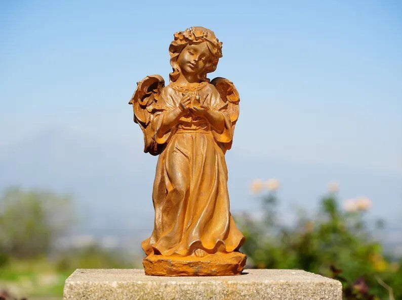 Metal Cast Iron Angel Girl Statues – Garden Angels Holding Bird & Draped Robe