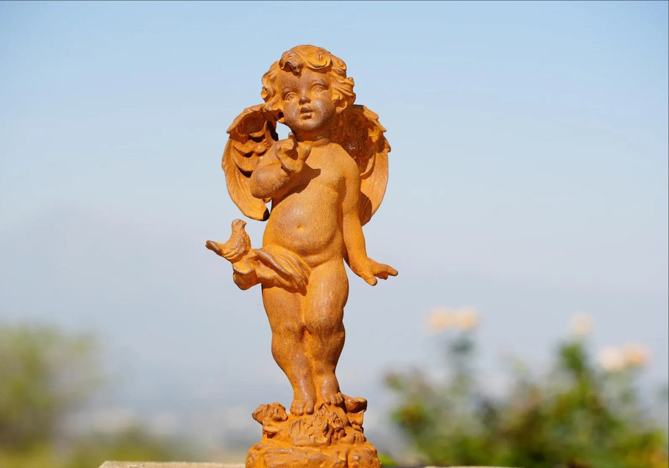 Vintage Cast Iron Cherub Statue Renaissance Garden Sculpture Rustic Outdoor Art