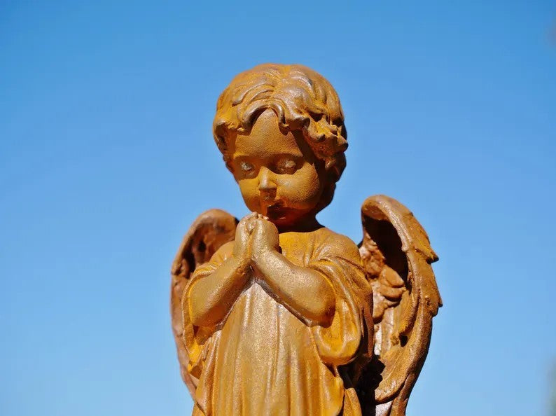 Metal Cast Iron Praying Angel Statue Rustic Religious Decor Spiritual Gift Idea