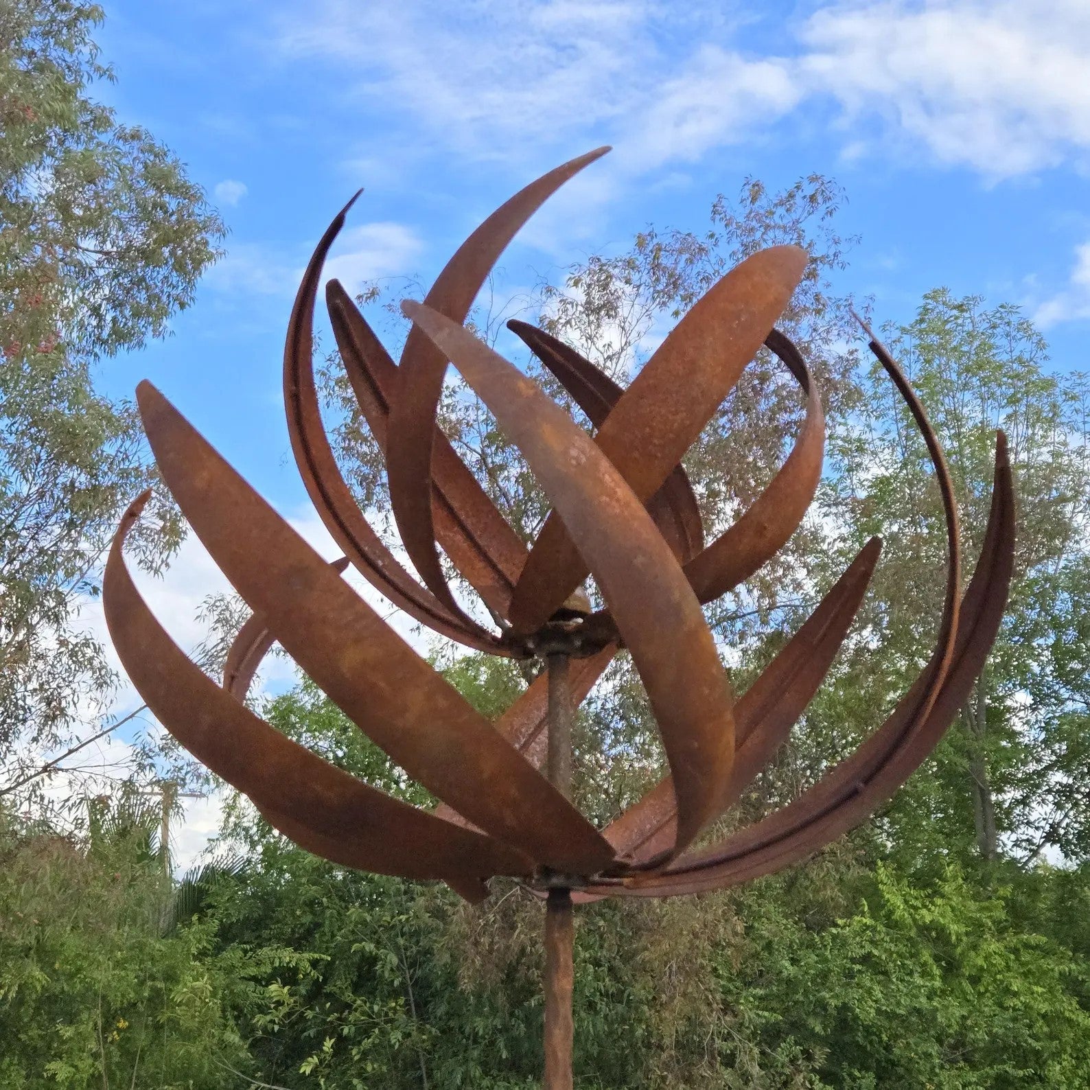 87“ H Rusty Metal Lotus Wind Spinner | Handmade Iron Garden Sculpture | Weathere