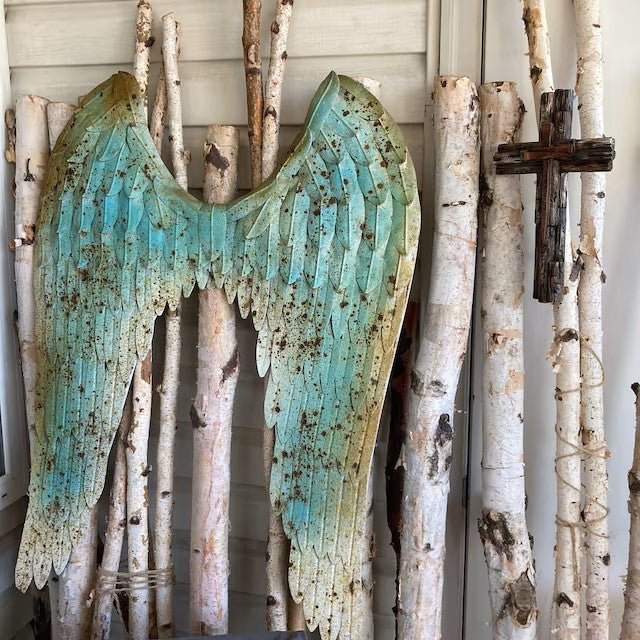 Angel Wings Metal Wall Art, Rustic Vintage Patina Finish Outdoor Garden Decor