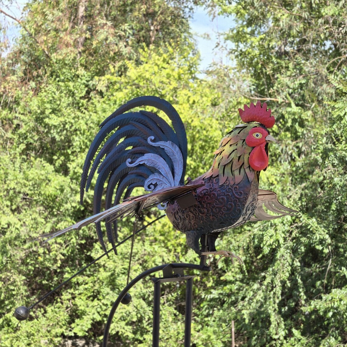 Giant Metal Rooster Garden Sculpture -Kinetic Balance Farmhouse Outdoor Yard Art