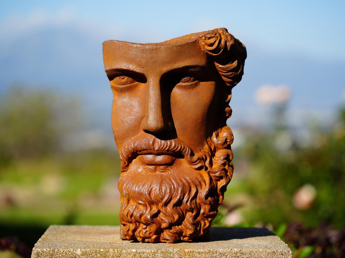 Metal Rustic Bearded Male Face Wall Sculpture Ancient Roman Cast Iron Art