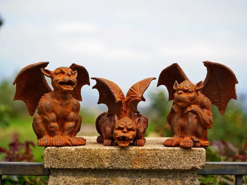 Vintage Cast Iron gargoyle Statues Set of 3 – Garden Decor