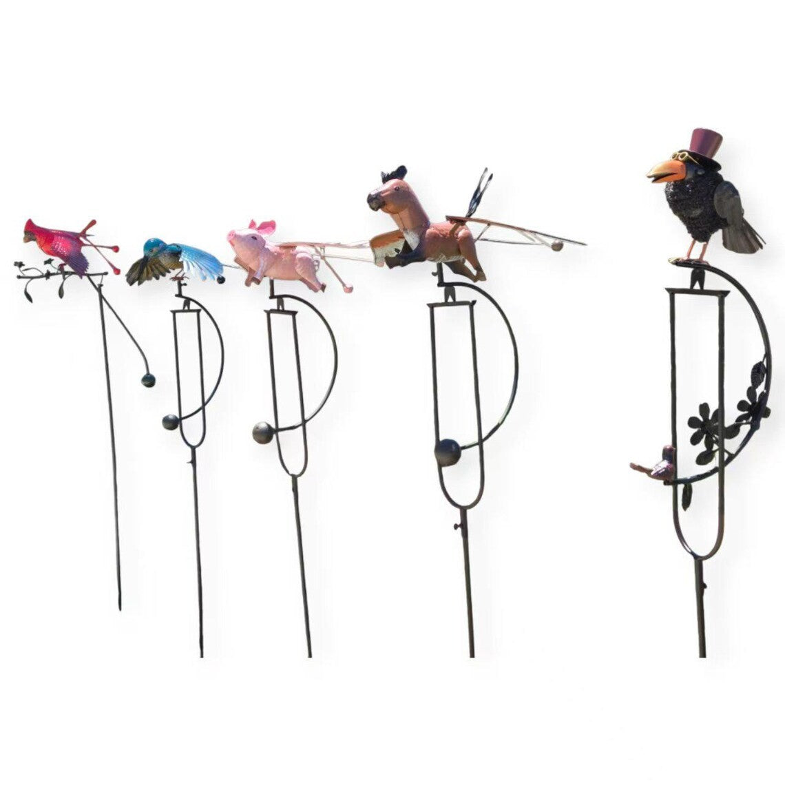 Metal Owl Cardinal Hummingbird Pink Pig Horse Crow Garden Balancing Rocker Stake