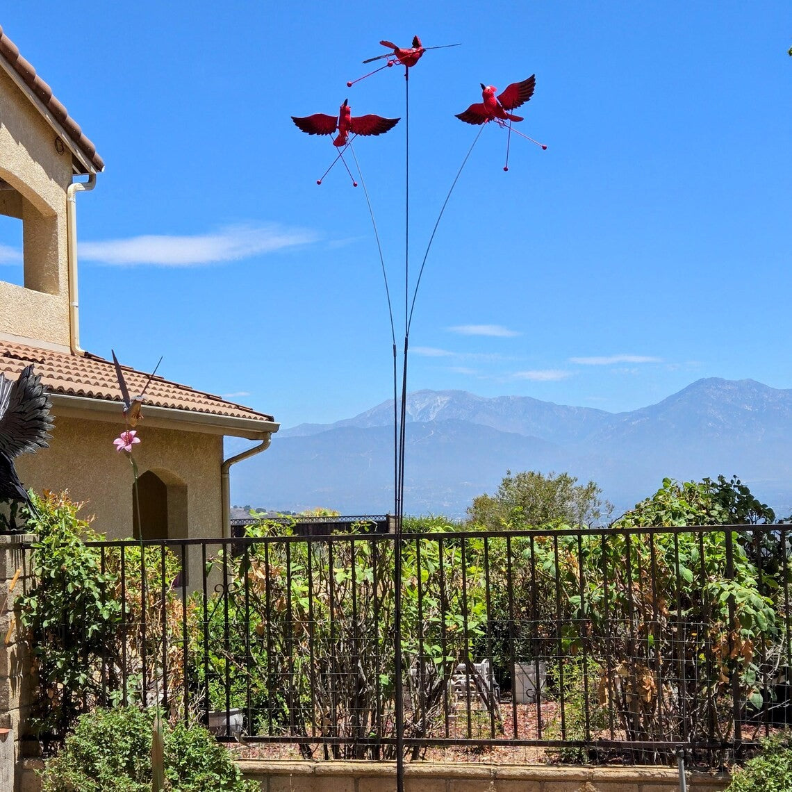Rustic 12ft Garden Stake with Three Swaying Cardinal Birds - Large Outdoor Yard
