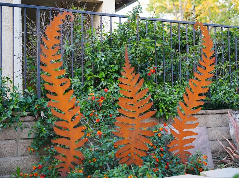60" Corten Steel Fern Sculptures Rustic Garden Stakes Set of 3, Patina Metal Art