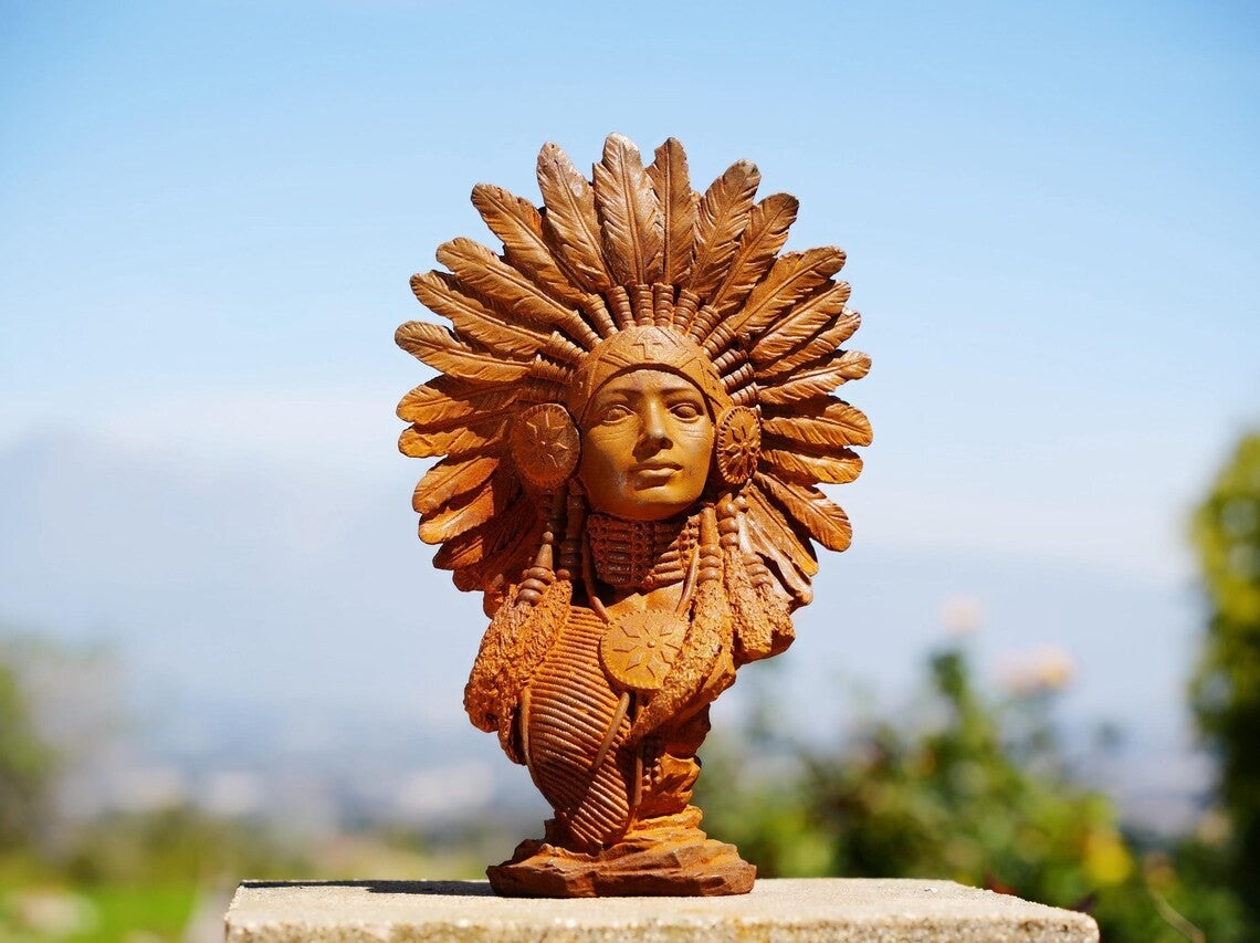 Metal Native American Bust Sculpture Cast Iron Tribal Headdress Boho Rustic