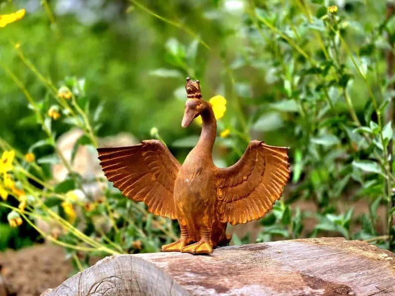 Metal Crowned Goose Cast Iron Sculpture Spreading Wings Garden Statue Whimsical